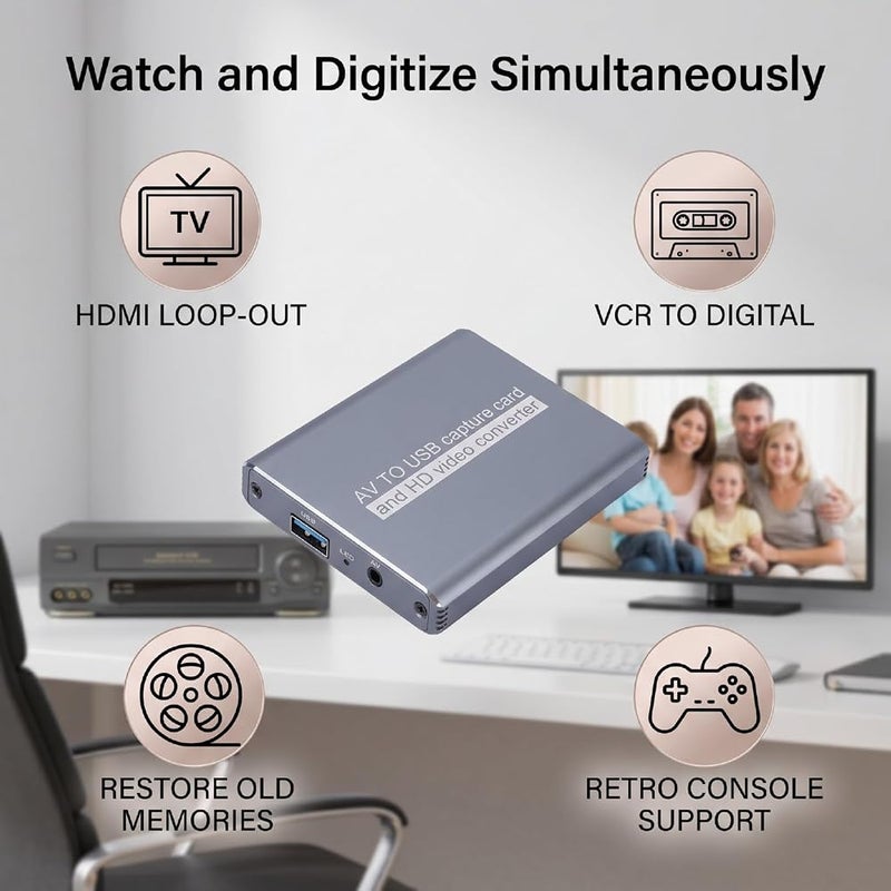 أشيتا بطاقة تحويل VHS إلى صيغة رقمية من شركة ASHATA، تدعم تسجيل فيديو بدقة 1080p بمعدل 30 إطارًا في الثانية، مزودة بمنفذ HDMI لإعادة إرسال الإشارة، مناسبة لأجهزة VCR وأقراص DVD - Image 4
