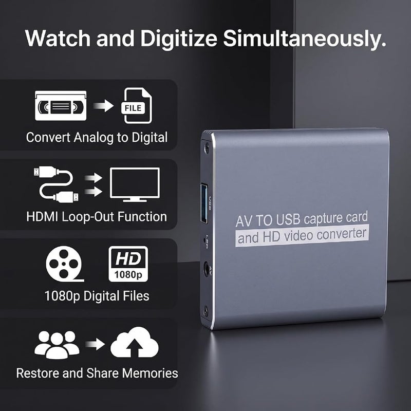أشيتا بطاقة تحويل VHS إلى صيغة رقمية من شركة ASHATA، تدعم تسجيل فيديو بدقة 1080p بمعدل 30 إطارًا في الثانية، مزودة بمنفذ HDMI لإعادة إرسال الإشارة، مناسبة لأجهزة VCR وأقراص DVD - Image 2