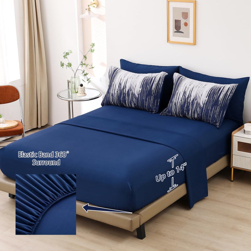 Dinjoy Ombre Blue Comforter Set Queen Size Gradient Navy Blue White Boho Bedding Set for Teen Men Women 7 Pieces Bed in A Bag Bohemian Bed Set with Comforter, Sheets, Pillowcases & Shams - Image 4