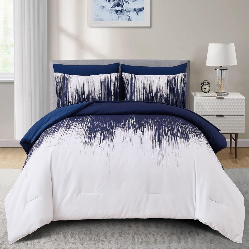 Dinjoy Ombre Blue Comforter Set Queen Size Gradient Navy Blue White Boho Bedding Set for Teen Men Women 7 Pieces Bed in A Bag Bohemian Bed Set with Comforter, Sheets, Pillowcases & Shams - Image 1