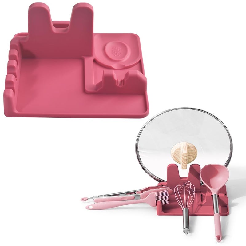 Cozihom Silicone Spoon Rest and Pot Lid Holder Stand for Kitchen Counter Top, Ladle/Spatula/Spoon/Tongs Holder, Food Grade Silicone, Heat Resistant, Anti-slip BPA-Free, Red - Image 2