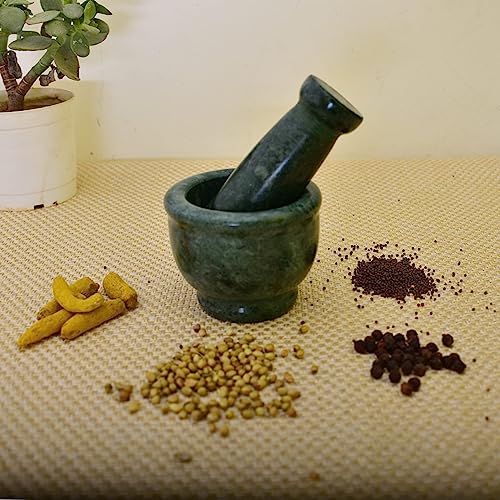 KunhaR Natural Green Marble Mortar and Pestle Set, Imam Dasta, Ohkli Musal, Kharal - 3 x 2.5 Inches, Green, (Half Polish) - Image 4