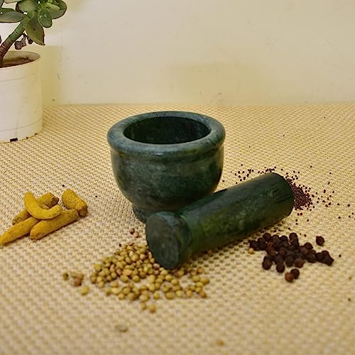 KunhaR Natural Green Marble Mortar and Pestle Set, Imam Dasta, Ohkli Musal, Kharal - 3 x 2.5 Inches, Green, (Half Polish) - Image 2