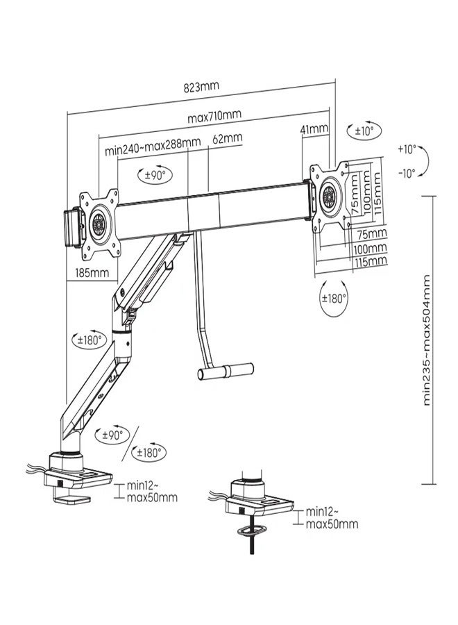 سكيل تك ذراع شاشة مزدوج SH69 C022UC مثبت على المكتب مزود بنابض غازي مع منافذ USB-A/USB-C لشاشات مقاس 17-32 بوصة، ومتوافق مع معايير VESA 100x100، وسعة تحميل 9 كجم - أسود - Image 2