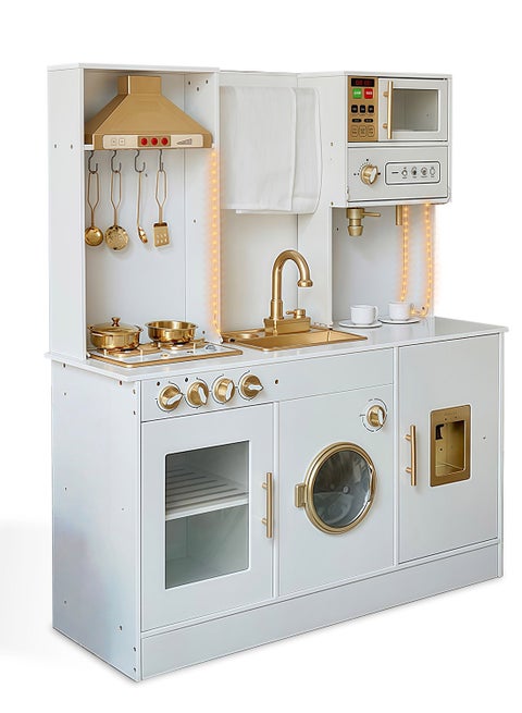 مجموعة ألعاب مطبخ خشبية مع ضوء، مجموعة ألعاب مطبخ تظاهرية للأطفال مع حوض، فرن ميكروويف، مجموعة طبخ للأطفال الصغار