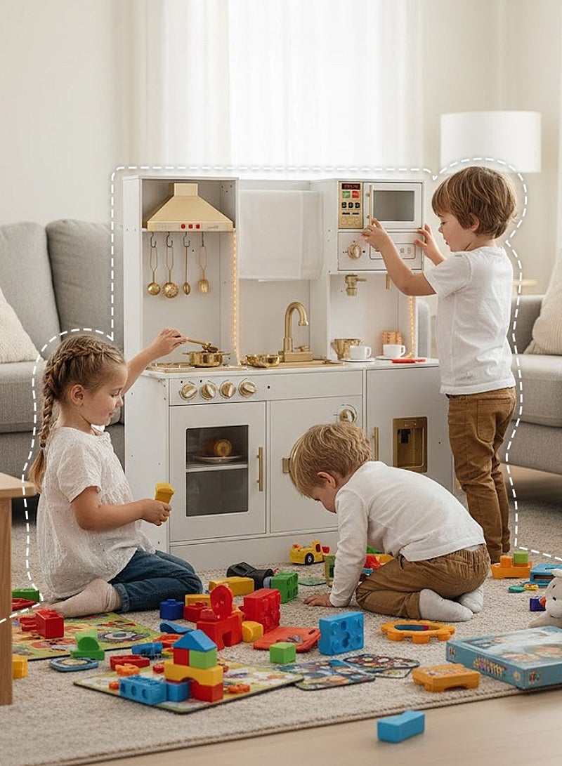 ما بيبي مجموعة ألعاب مطبخ خشبية مع ضوء، مجموعة ألعاب مطبخ تظاهرية للأطفال مع حوض، فرن ميكروويف، مجموعة طبخ للأطفال الصغار - Image 2