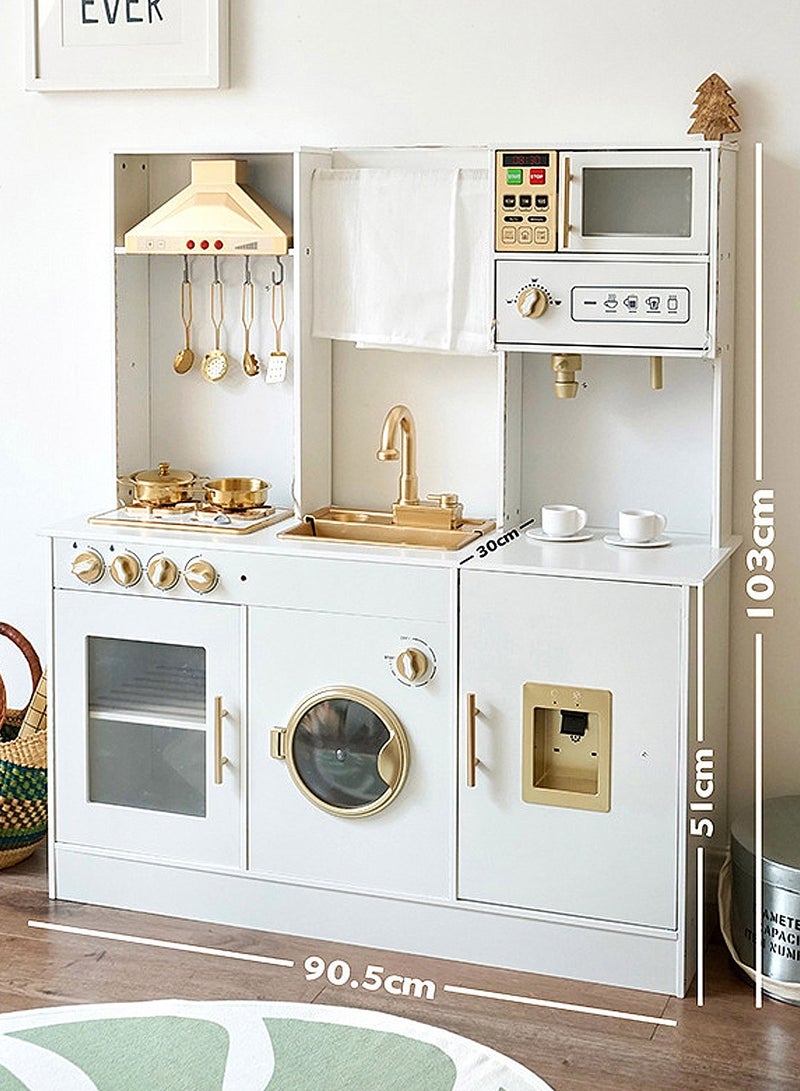 ما بيبي مجموعة ألعاب مطبخ خشبية مع ضوء، مجموعة ألعاب مطبخ تظاهرية للأطفال مع حوض، فرن ميكروويف، مجموعة طبخ للأطفال الصغار - Image 3