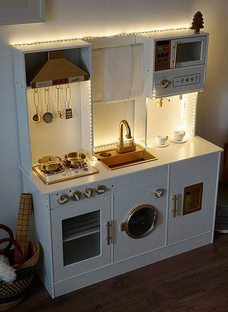 ما بيبي مجموعة ألعاب مطبخ خشبية مع ضوء، مجموعة ألعاب مطبخ تظاهرية للأطفال مع حوض، فرن ميكروويف، مجموعة طبخ للأطفال الصغار - Image 5