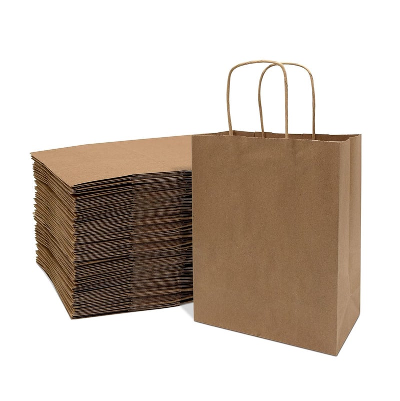 Khaana Packaging أكياس هدايا كهانة التعبئة أكياس هدايا ورقية متوسطة الحجم أكياس ورقية بنية مع مقابض أكياس تفضيل حفلات الزفاف بالجملة، أكياس تسوق كرافت، أكياس بضائع التجزئة (9x6x7 بوصة، عبوة من 10 قطع) - Image 1