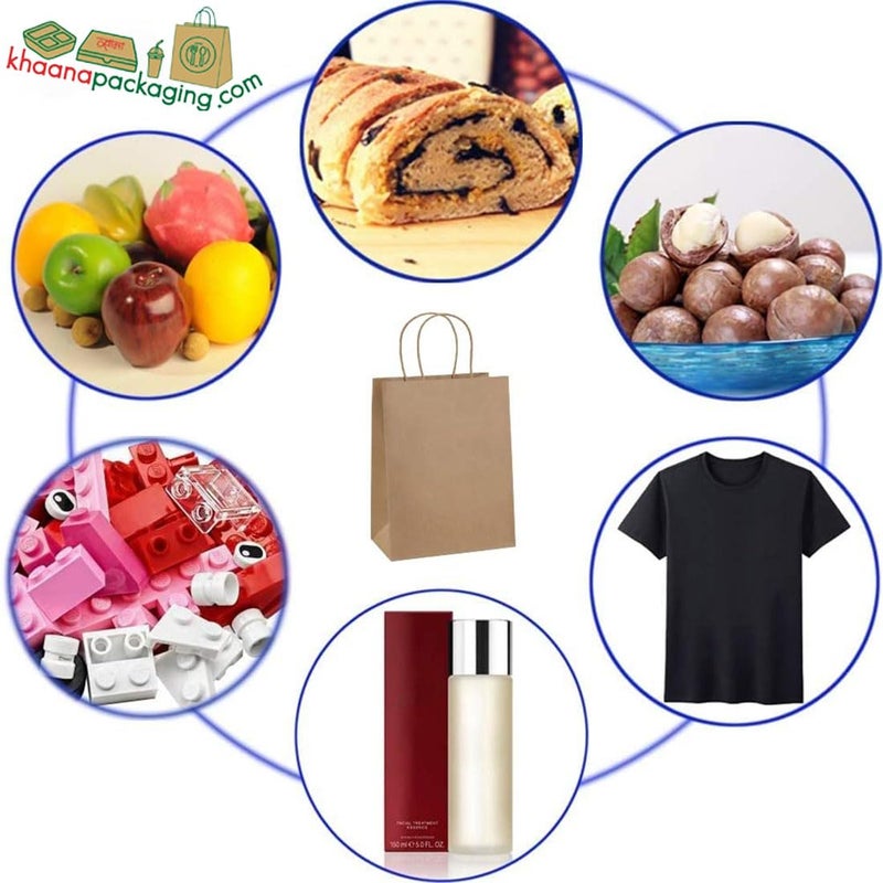 Khaana Packaging أكياس هدايا كهانة التعبئة أكياس هدايا ورقية متوسطة الحجم أكياس ورقية بنية مع مقابض أكياس تفضيل حفلات الزفاف بالجملة، أكياس تسوق كرافت، أكياس بضائع التجزئة (9x6x7 بوصة، عبوة من 10 قطع) - Image 5