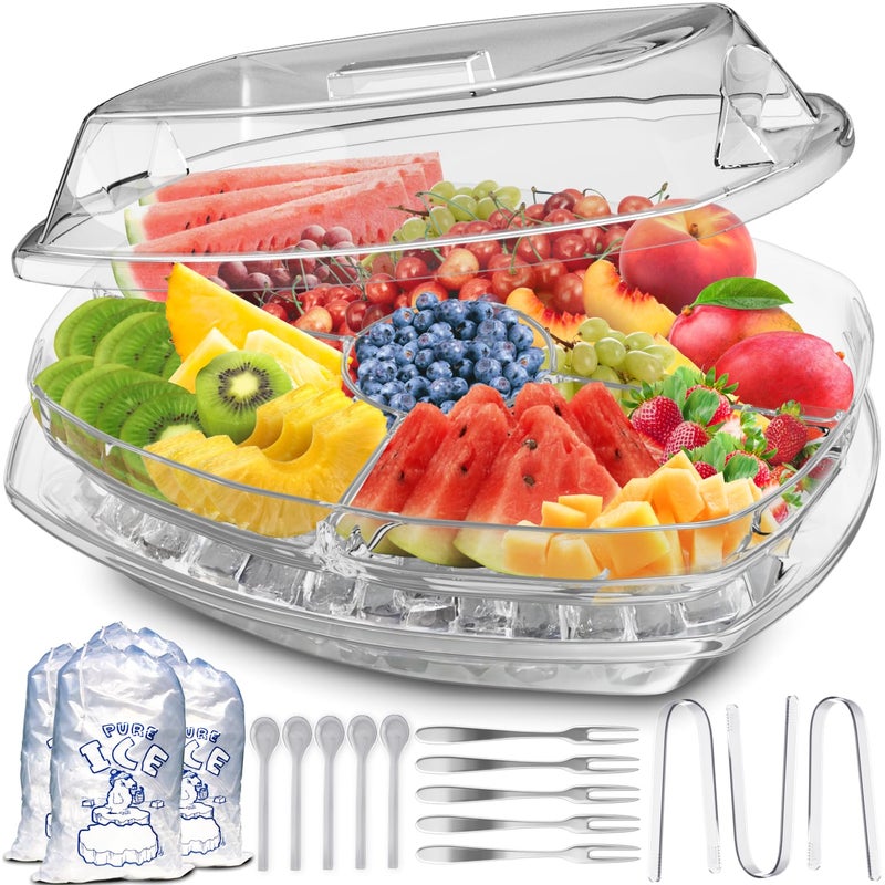 Benicci Premium Chilled Serving Tray for Parties - 15"" Ice Chilled Party Platter w/Lid & Dip Holder - Functional Cold Dish w/ 4 Compartments - Perfect for Fruits  Veggies  Shrimp Cocktail - Keeps Food Cool - Image 1