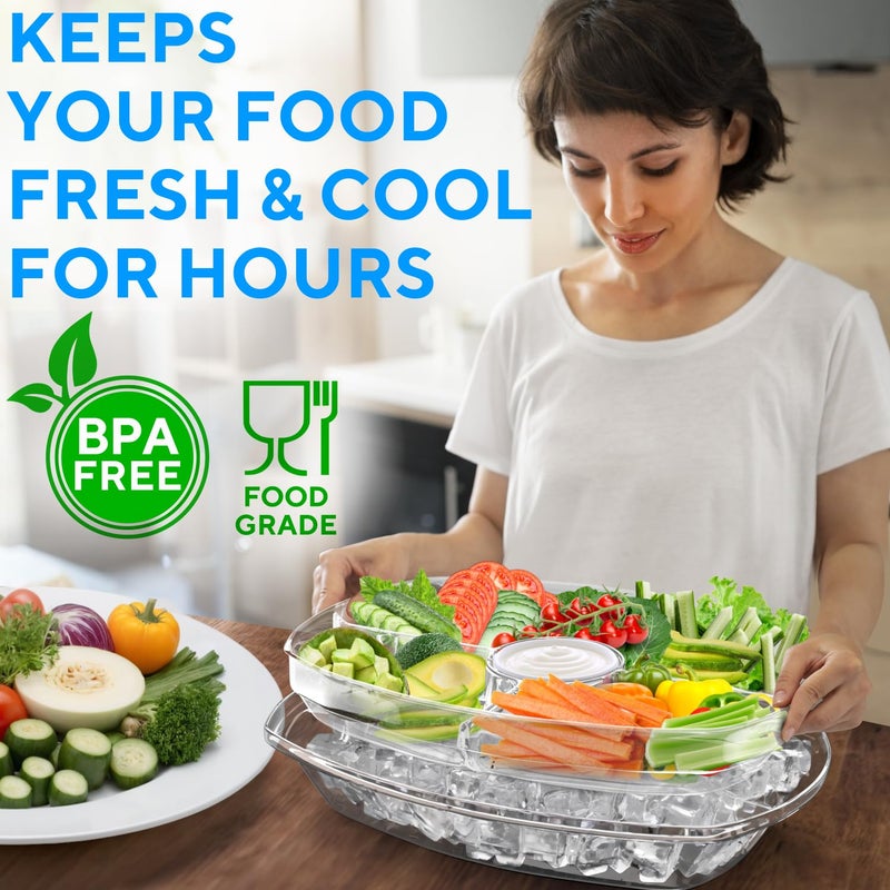 Benicci Premium Chilled Serving Tray for Parties - 15"" Ice Chilled Party Platter w/Lid & Dip Holder - Functional Cold Dish w/ 4 Compartments - Perfect for Fruits  Veggies  Shrimp Cocktail - Keeps Food Cool - Image 2