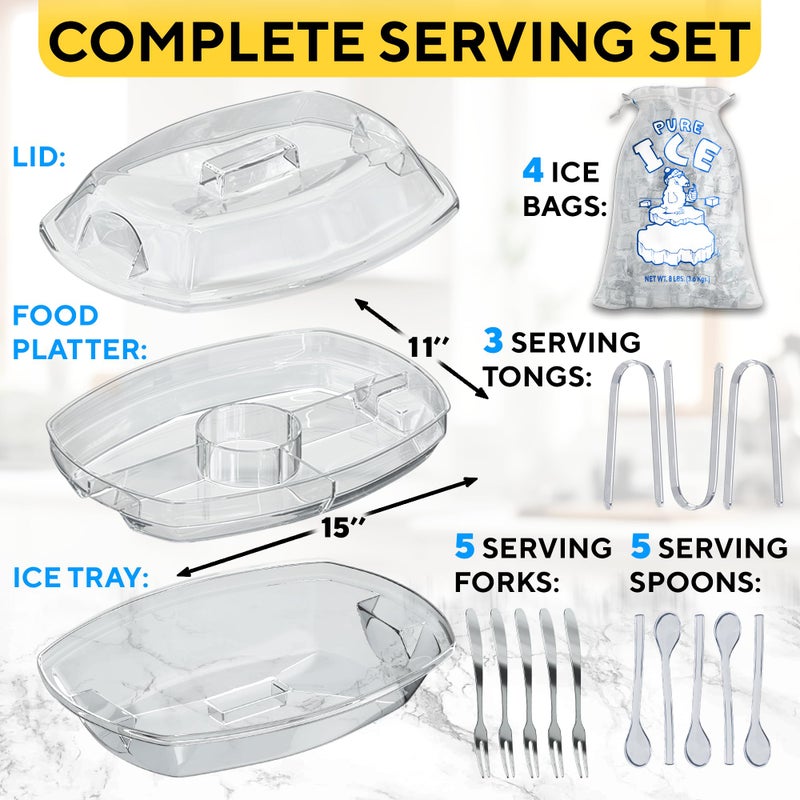 Benicci Premium Chilled Serving Tray for Parties - 15"" Ice Chilled Party Platter w/Lid & Dip Holder - Functional Cold Dish w/ 4 Compartments - Perfect for Fruits  Veggies  Shrimp Cocktail - Keeps Food Cool - Image 3