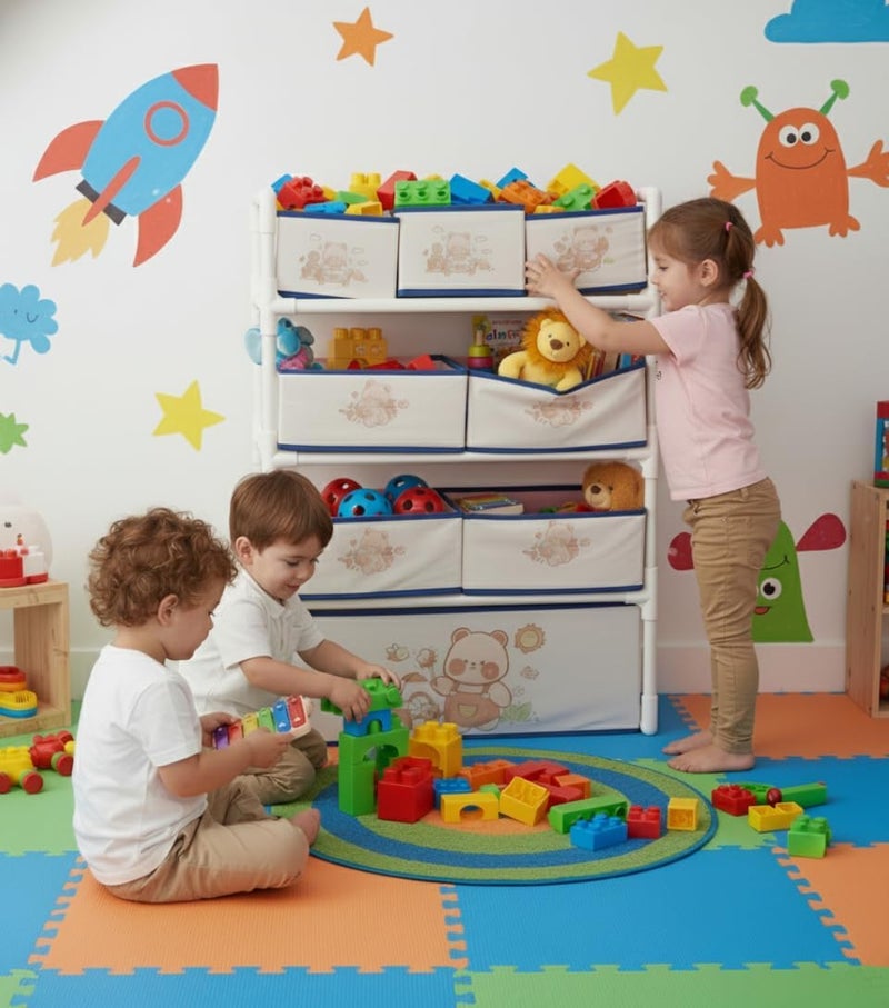 Bentifar Kids Toy Storage Organizer, 4-Tier Shelf with 8 Fabric Bins & XL Bottom Chest, Cute Bear Design for Nursery and Playroom, Removable Foldable Baskets, Child-Safe Plastic Frame, Easy Assembly - Image 1