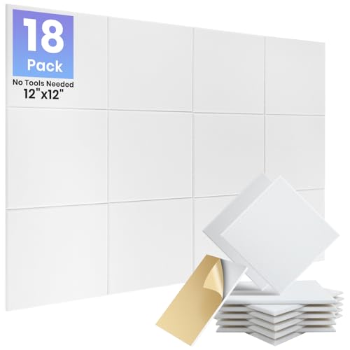 Focusound 18 Pack Sound Proof Panels for Walls, Self-Adhesive Acoustic Panels Sound Absorbing, 12" X 12" X 0.4" High Density White Square Soundproof Wall Panels - Image 1