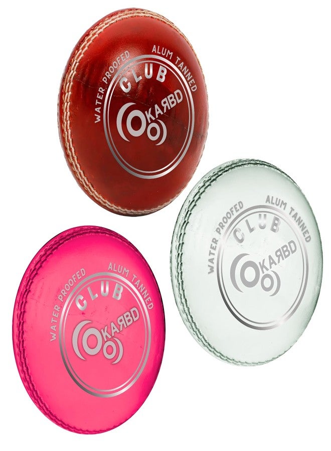 KARBD Cricket Ball Leather 4 Piece Professional Hand Stitching Waterproof Coating Season Ball for Tournament Club Matches (50+ Overs, Club White, Red & Pink, Combo Pack Set of 3) - Image 1