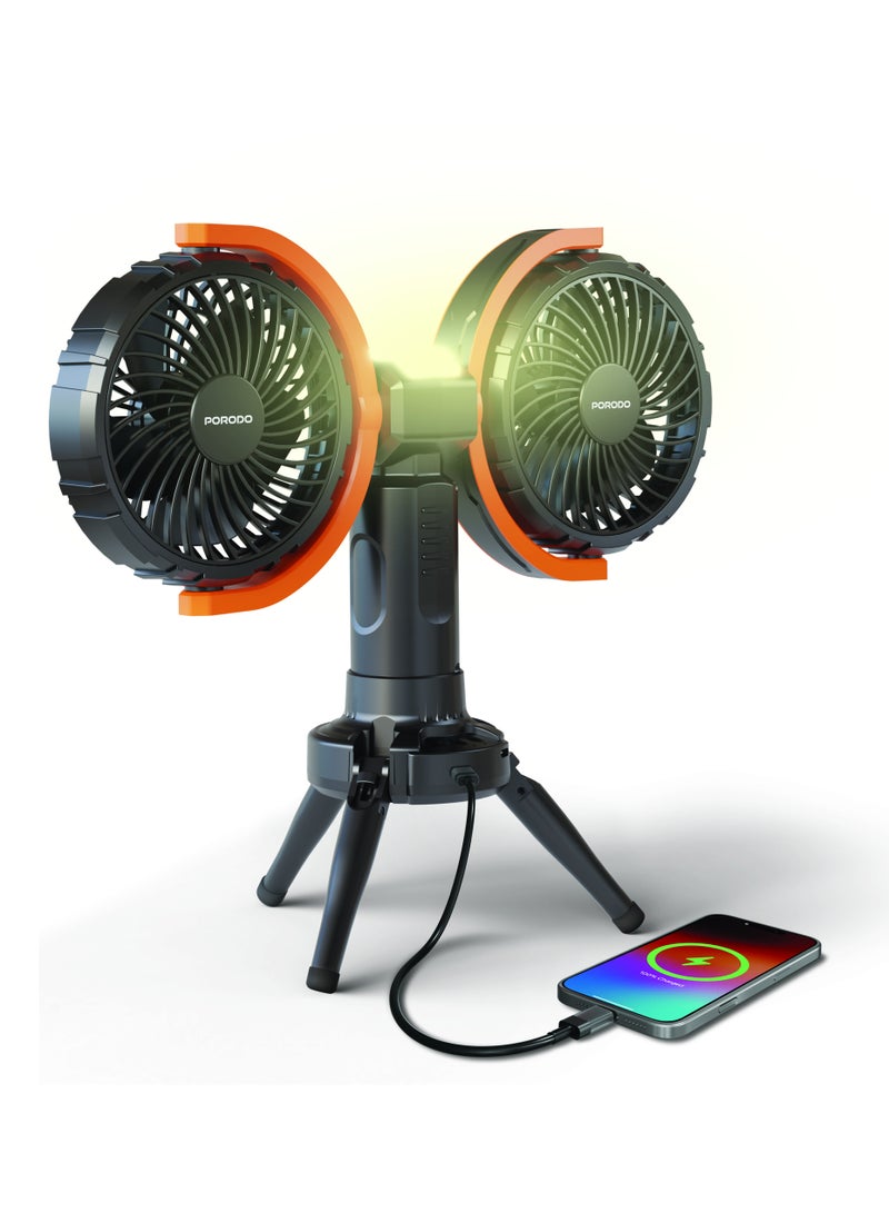 porodo Dual Head Oscillating Fan With Tripod Base / 2-Level LED Lights / 8000mAh Power Bank / 15W Fan Power / USB-C Charging Port Lightweight / Compact Design / 360° Multifunctional Adjustable Fan- Black - Image 1