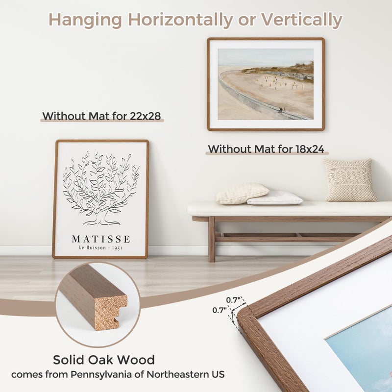FLYJOE 22x28 Poster Frame | Solid Oak Wood Picture Frame With Mat For 18x24 | Tempered Glass and Hanging Hardware Included | Puzzle Frame (Walnut, 1 Pack) - Image 2
