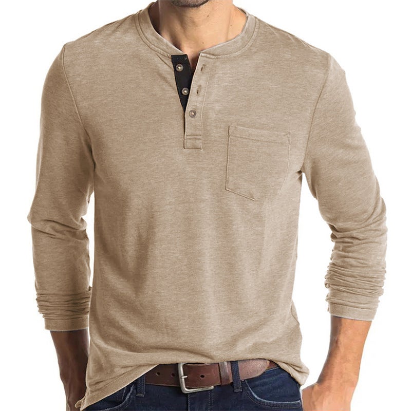 Men'S Long Sleeve Round Neck T-Shirt Men'S Base Shirt Men'S T-Shirt Henry Collar Top - Image 1