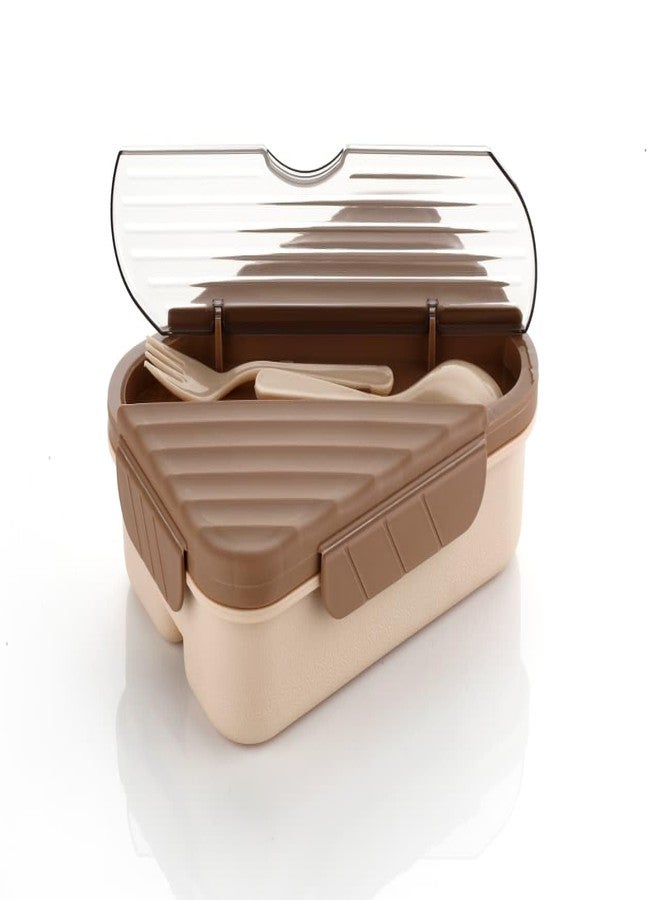 OMORTEX Bento Lunch Box with Utensils, Beige and Brown, 3- Compartment, Leak-Proof Lid(Pack of 1) - Image 1