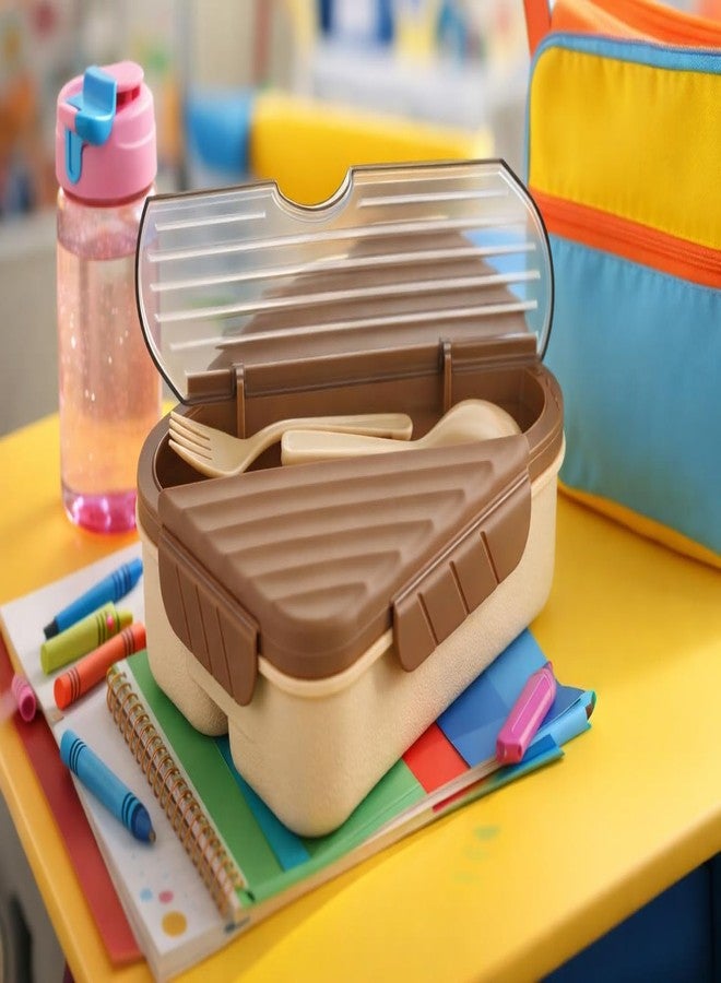 OMORTEX Bento Lunch Box with Utensils, Beige and Brown, 3- Compartment, Leak-Proof Lid(Pack of 1) - Image 5