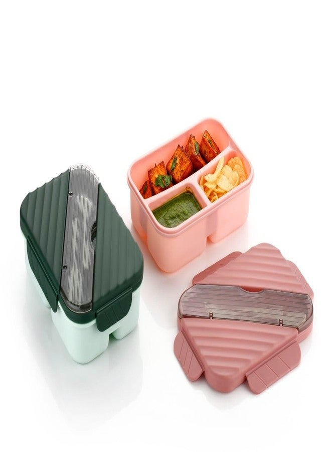 OMORTEX Bento Lunch Box with Utensils, Beige and Brown, 3- Compartment, Leak-Proof Lid(Pack of 1) - Image 2
