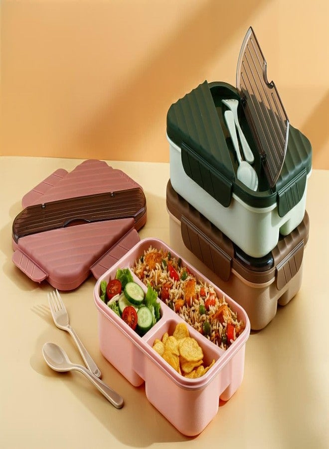 OMORTEX Bento Lunch Box with Utensils, Beige and Brown, 3- Compartment, Leak-Proof Lid(Pack of 1) - Image 3