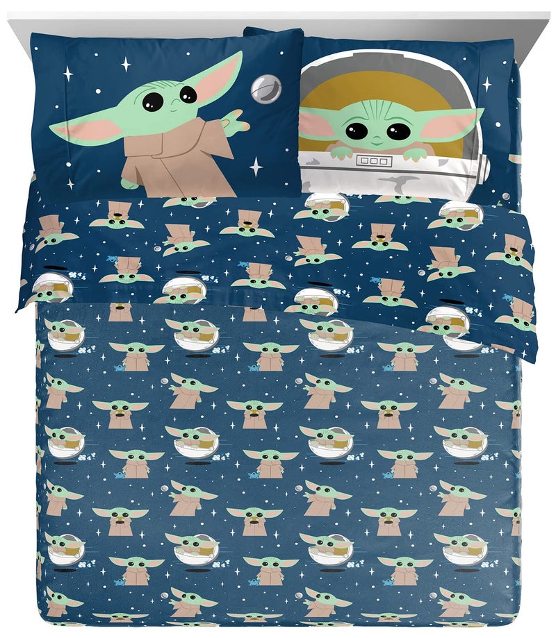Jay Franco Star Wars The Mandalorian Hello Grogu Queen Size Sheet Set - 4 Piece Set Super Soft and Cozy Kids Bedding - Fade Resistant Microfiber Sheets (Official Star Wars Product) - Image 1