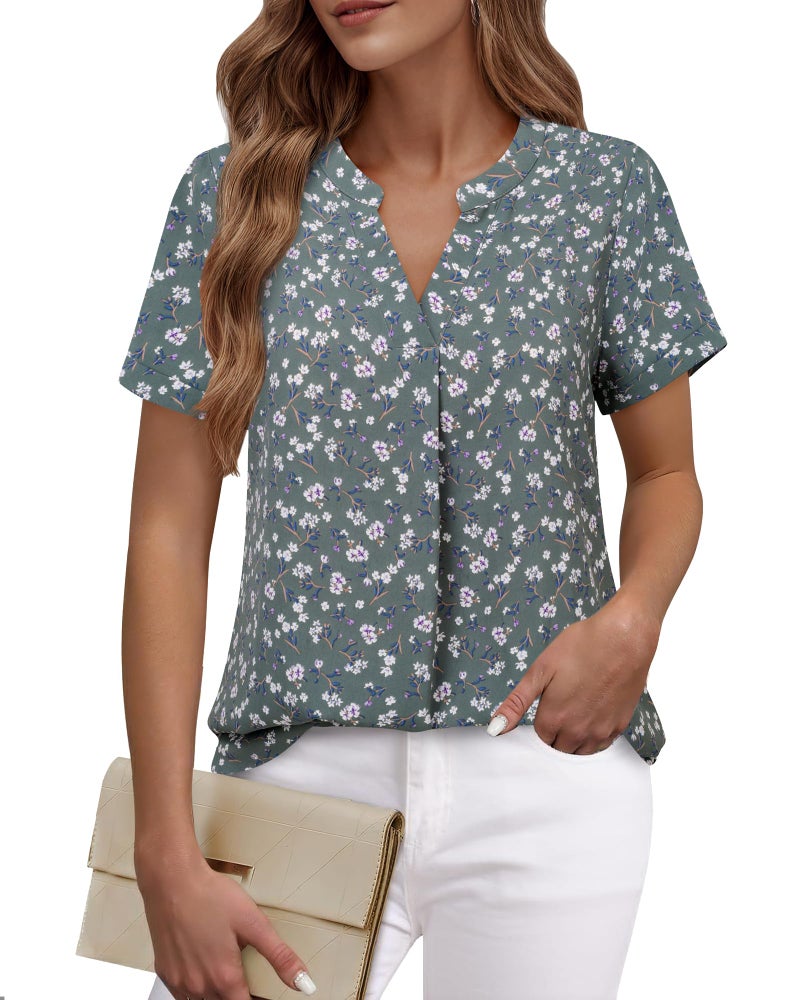Timeson Blouses for Women Fashion 2024 Dressy: Professional Attire - Work Blouses for Women Office Dress Shirts Business Casual Floral Polyester Career Ladies Chiffon Tunics Tops Multi-Green X-Large - Image 1