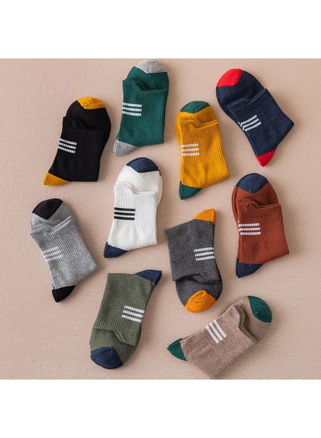 Yimian Men's Mid-calf Socks With Ear Tips, Sweat-absorbing, Contrasting Color Trendy Sports Style Pure Cotton Antibacterial Long Socks For Autumn And Winter, 6 Pairs