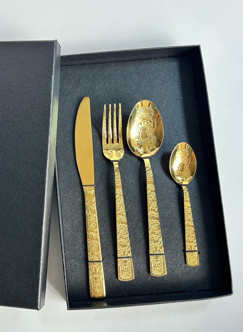 طقم أدوات مائدة مكون من 4 قطع (سكين، شوكة، ملعقة) مصنوع من الفولاذ المقاوم للصدأ، بلون ذهبي، تصميم زهري كامل - Image 4