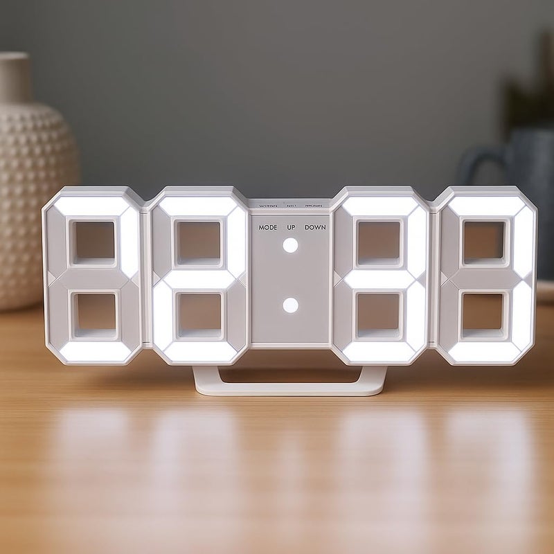 Dangfly Acrylic Digital LED Display Number Clock Table Wall Hanging Alarm Clock White (Works On Electricity) (White), 22.7x9.5 Cm - Image 1
