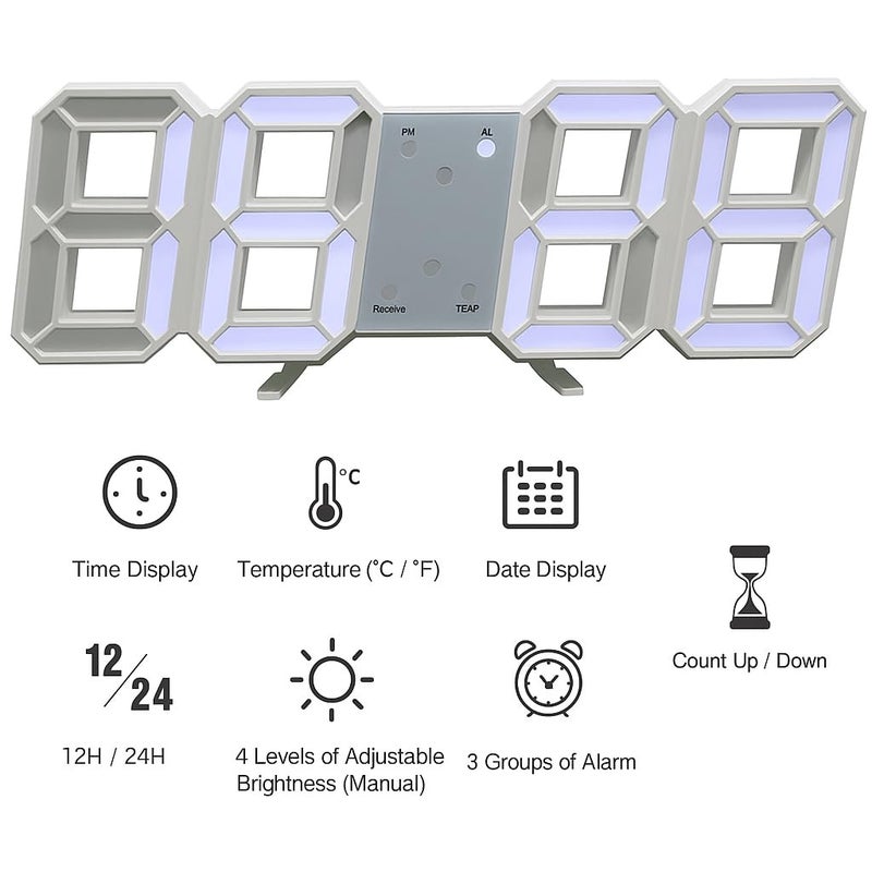 Dangfly Acrylic Digital LED Display Number Clock Table Wall Hanging Alarm Clock White (Works On Electricity) (White), 22.7x9.5 Cm - Image 4