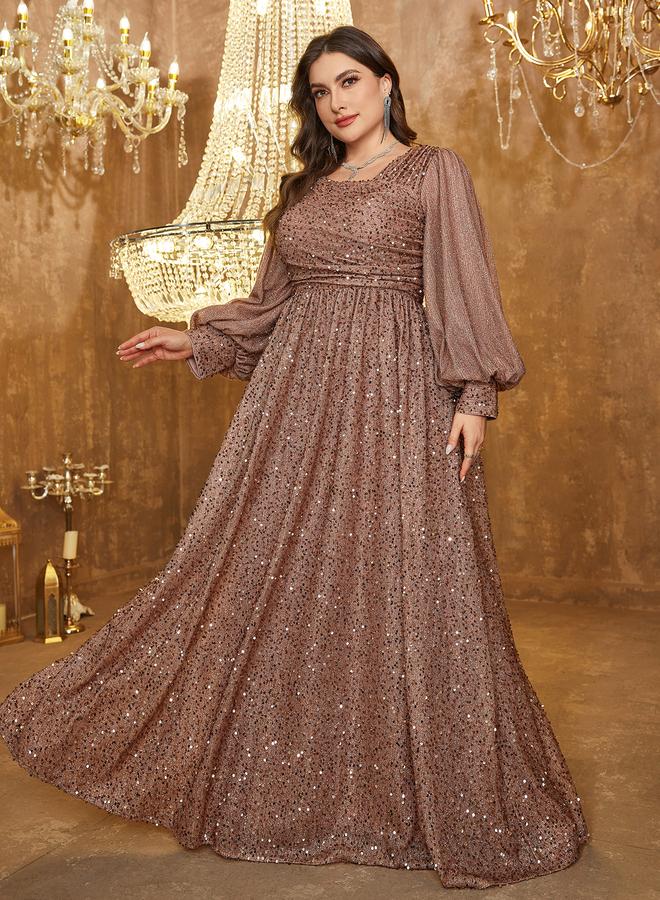 UNITHORSE Plus Size Coffee Brown Sequin A-Line Maxi Dress - Image 3
