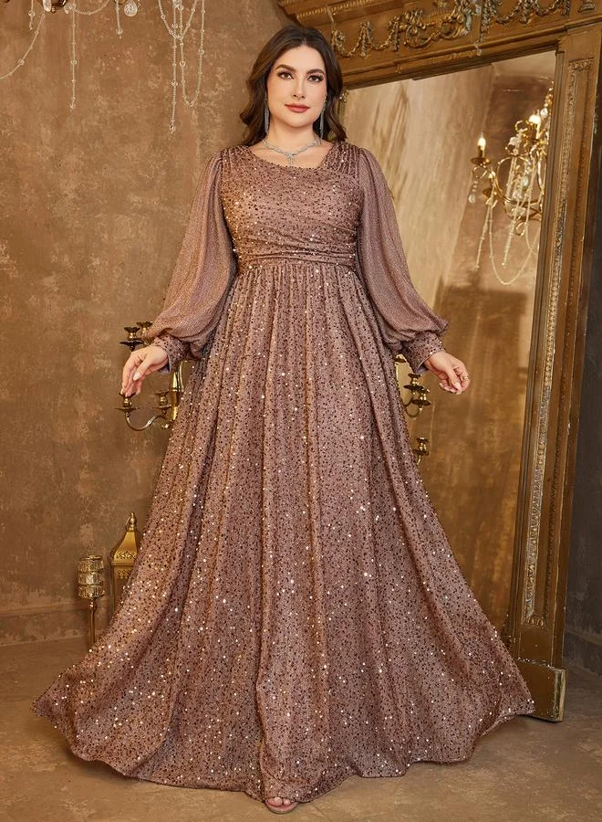 Plus Size Coffee Brown Sequin A-Line Maxi Dress