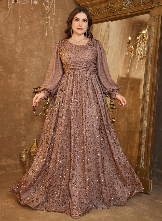 UNITHORSE Plus Size Coffee Brown Sequin A-Line Maxi Dress - Image 1