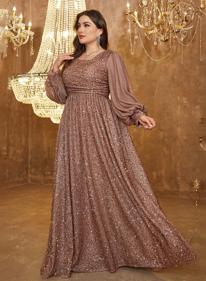 UNITHORSE Plus Size Coffee Brown Sequin A-Line Maxi Dress - Image 2