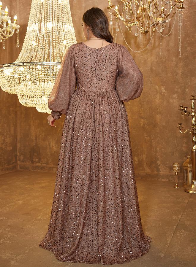 UNITHORSE Plus Size Coffee Brown Sequin A-Line Maxi Dress - Image 4