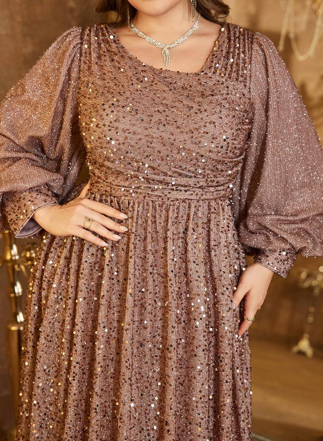 UNITHORSE Plus Size Coffee Brown Sequin A-Line Maxi Dress - Image 5