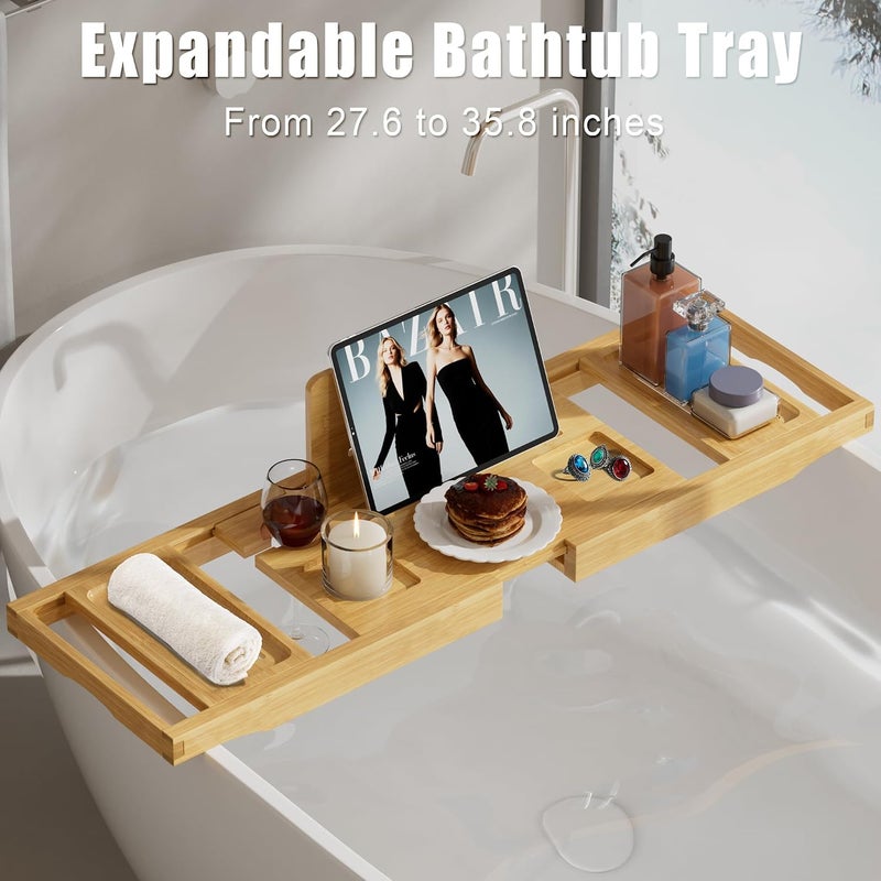 promitop Bathtub Tray Caddy,Premium Bamboo Expandable Bath Tub Trays Table, Foldable Bathroom Accessories,Great House Warming, Anniversary and Birthday Gifts,Natural - Image 2