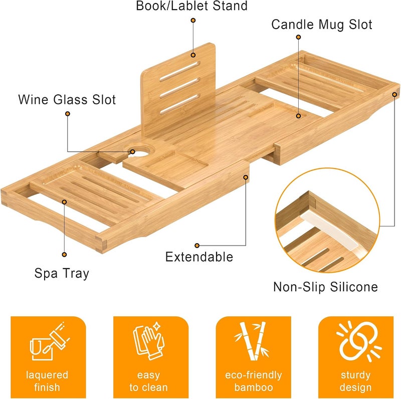 promitop Bathtub Tray Caddy,Premium Bamboo Expandable Bath Tub Trays Table, Foldable Bathroom Accessories,Great House Warming, Anniversary and Birthday Gifts,Natural - Image 5
