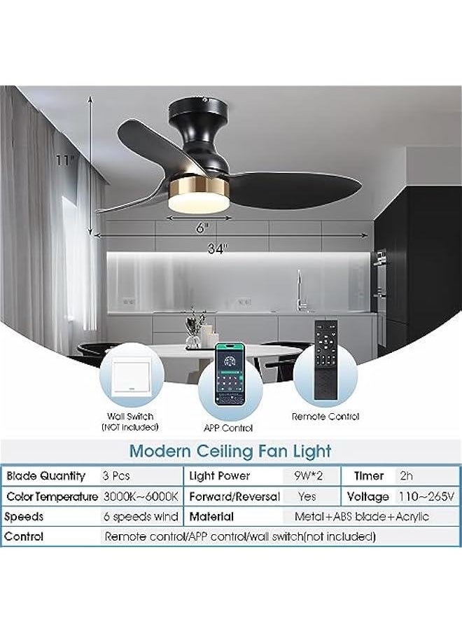 Arabest Black Modern Ceiling Fan with Light and Remote Control, 34in, Low Profile, Flush Mount, Ideal for Outdoor Patio or Small Bedroom.  - Image 5