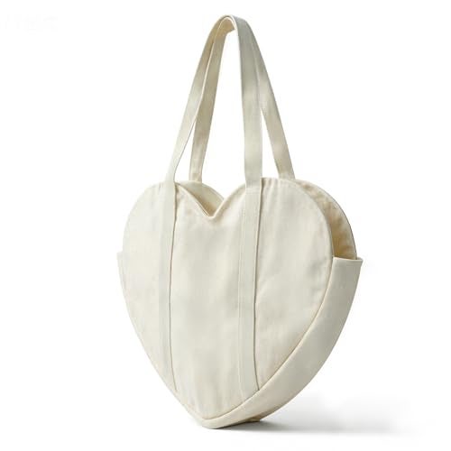 CosInStyle Cute Heart Shaped Canvas Tote Bag for Women, Daily Reusable Shoulder Grocery Shopping Bag with Pocket & Buckle (Beige) - Image 1