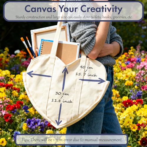 CosInStyle Cute Heart Shaped Canvas Tote Bag for Women, Daily Reusable Shoulder Grocery Shopping Bag with Pocket & Buckle (Beige) - Image 4