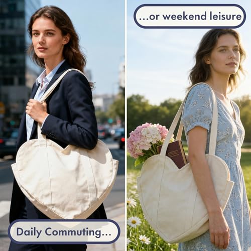 CosInStyle Cute Heart Shaped Canvas Tote Bag for Women, Daily Reusable Shoulder Grocery Shopping Bag with Pocket & Buckle (Beige) - Image 2
