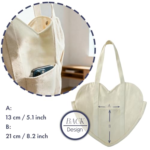 CosInStyle Cute Heart Shaped Canvas Tote Bag for Women, Daily Reusable Shoulder Grocery Shopping Bag with Pocket & Buckle (Beige) - Image 3