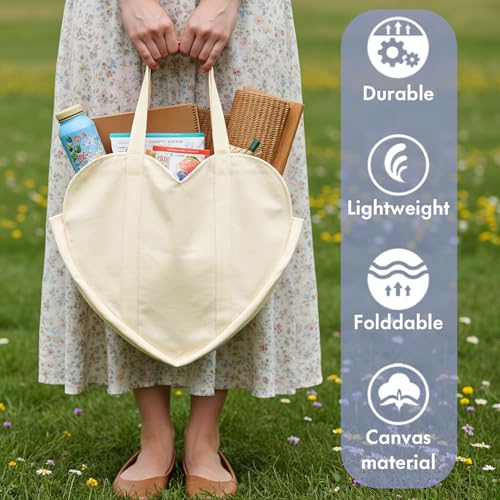 CosInStyle Cute Heart Shaped Canvas Tote Bag for Women, Daily Reusable Shoulder Grocery Shopping Bag with Pocket & Buckle (Beige) - Image 5