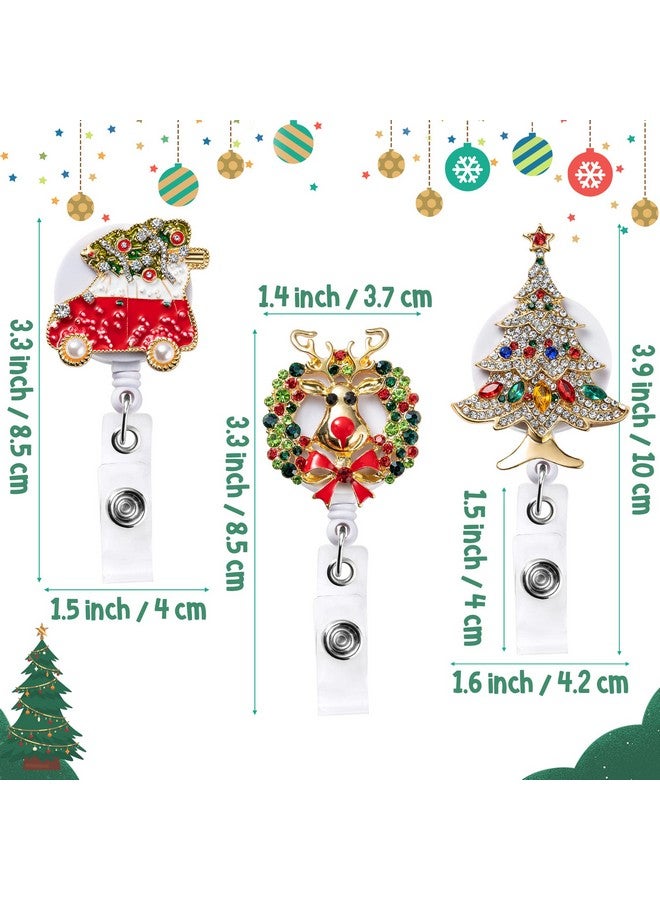 ANGOLIO 3Pcs Christmas Rhinestone Badge Reels Retractable, Christmas Tree Badge Reel Id Badge Holder Decorative Name Badge With Belt Clip For Students Teachers Girls Nurse Christmas Gift - Image 2