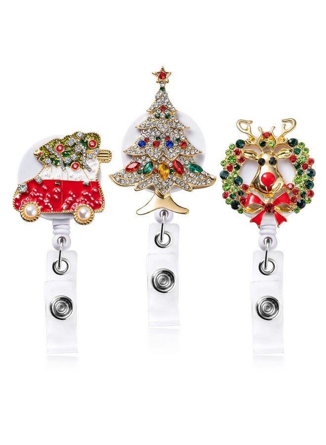 ANGOLIO 3Pcs Christmas Rhinestone Badge Reels Retractable, Christmas Tree Badge Reel Id Badge Holder Decorative Name Badge With Belt Clip For Students Teachers Girls Nurse Christmas Gift - Image 1