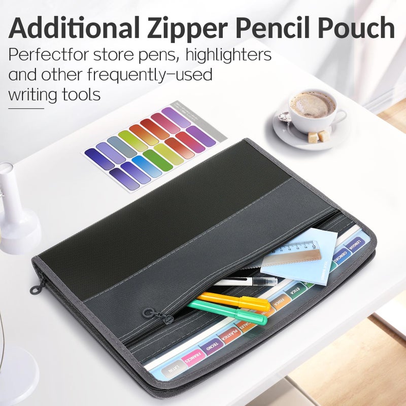 Sooez Accordion File Organizer with Safe Zipper, 12 Pocket Expanding File Folder with Front Pencil Pouch, Portable Monthly Paper Bill Tax Receipt Organizer, School Office Supplies, Letter Size, Grey - Image 5